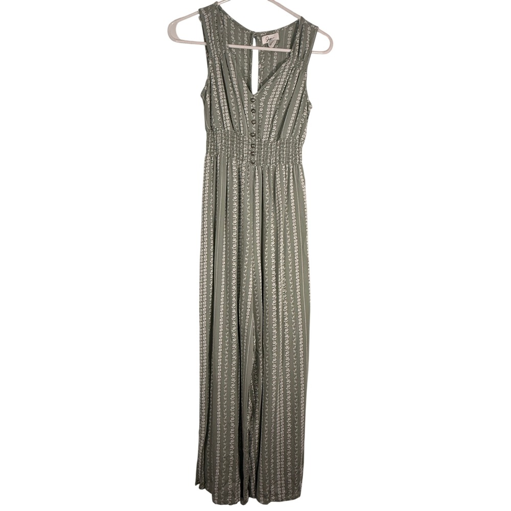 Jopas Women Sage Green Floral Stripe Smocked Waist Wide Leg Jumpsuit XS